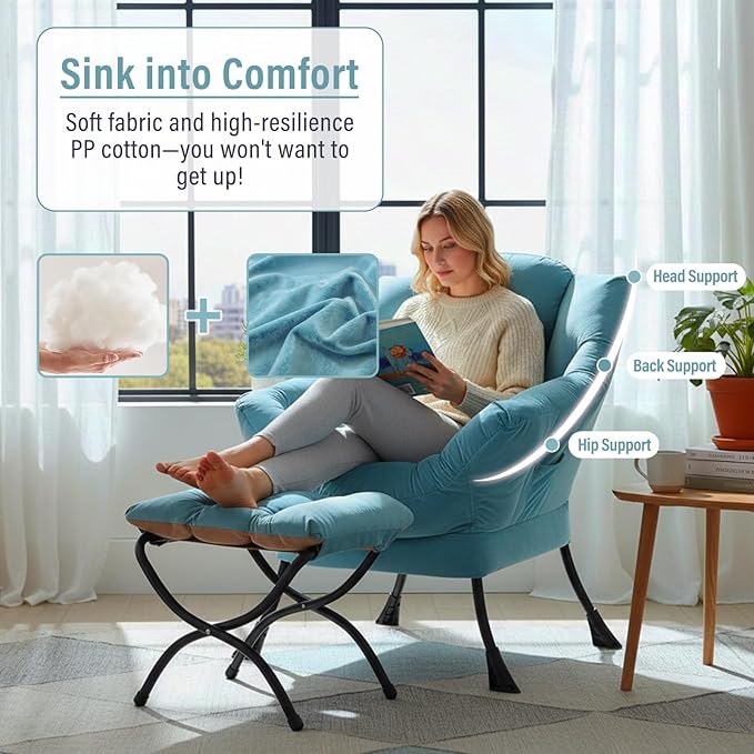 Lazy Chair with Ottoman, Modern Chair with Folding Footrest, Lounge Accent Chair, Comfortable Reading Chair (Velvet Light Blue