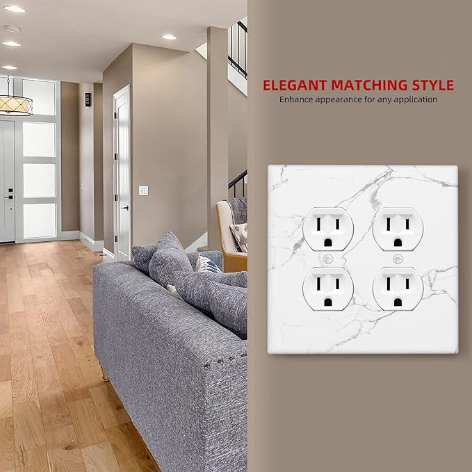 Luxurious White Marble Abstract Print Outlet Covers 2 Gang Double Duplex Decorative Light Switch Covers Electrical Wallplates Socket Faceplate for Bathroom Kitchen Bedroom Decor