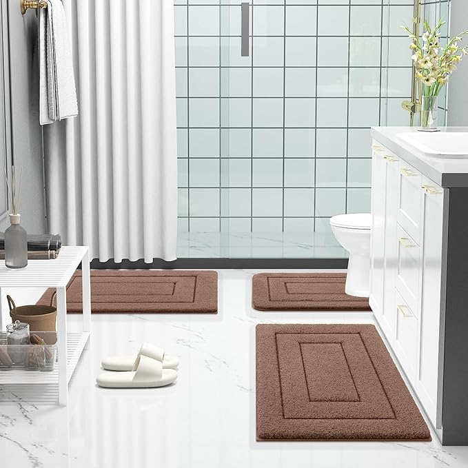 Buganda Bathroom Rugs, 24" x 20", Soft and Absorbent Microfiber Bath Rugs, Non-Slip Shaggy Shower Carpet, Machine Wash Dry Bath Mats for Bathroom Floor, Tub and Shower, Brown