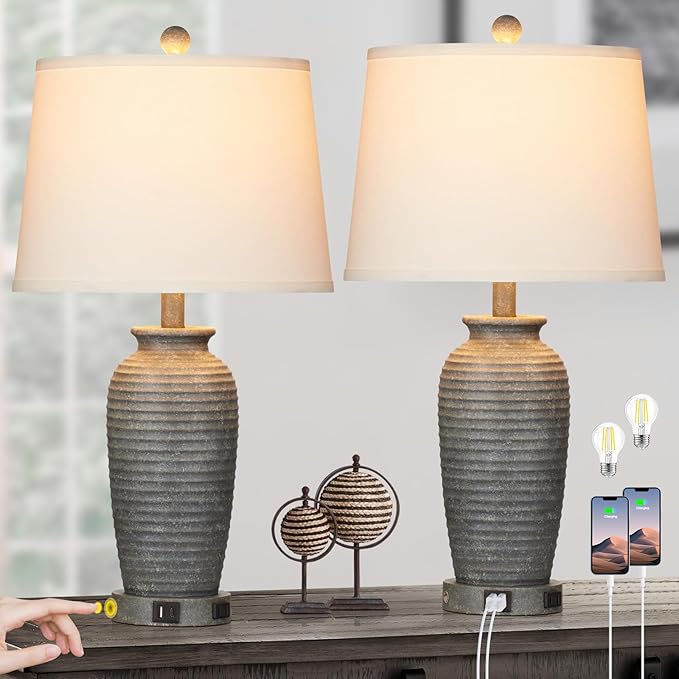 25" Farmhouse Jar Table Lamps Set of 2, 3 Way Touch Control Rustic Bedside Lamps with USB A+C Ports & AC Outlet, Pot Nightstand Lamps for Bedroom Living Room (LED Bulbs Included)