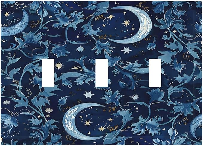 Decorative Switch Plates Vintage Moon And Flowers Decor Floral William Morris 3 Gang Wall Plate Triple Toggle Light Switch Cover Faceplate Electrical Wall Panels for Bedroom Kids room Decor