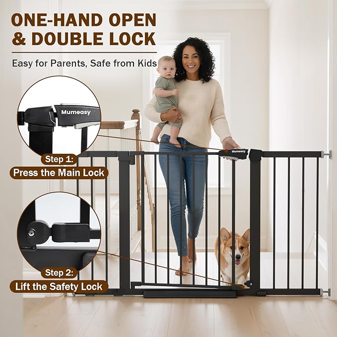 Mumeasy 29.7–51 Inch Extra Wide Baby Gate for Stairs, Extra Long Indoor Dog Gate for Doorways, Pressure Mounted Walk Thru Child Gate with Auto-Close, No-Drill Safety Pet Gate with Door for House,Black