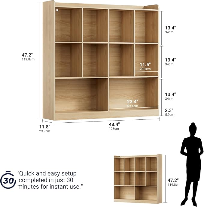Cozy Castle Bookshelf, 3-Tier Open Bookshelf, 10 Cube Horizontal Bookcase, Storage Organizer with Anti-Tilt Device, Wood Bookcase for Home Office, Bedroom, Living Room, Oak