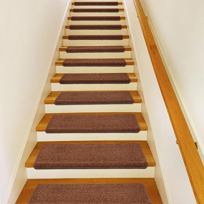 PURE ERA Bullnose Carpet Stair Treads Set Tape Free Non-Slip Indoor Stair Protectors Pet Friendly Rugs Covers Soft Skid Resistant Washable Reusable 9.5" x 30"(7 Pieces,Brown)