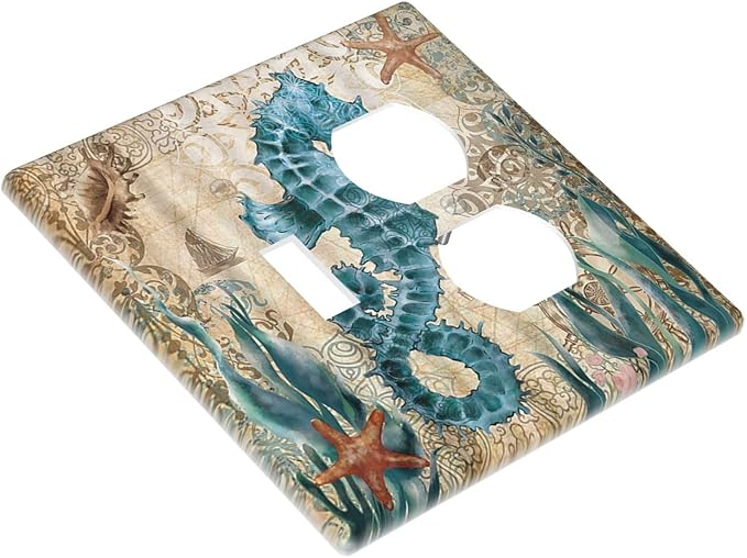 Hippocampus Funny Blue Ocean Creature Decorative Light Switch Cover Plate 1 Toggle/1 Duplex Outlet Covers 2 Gang Combo Gfci Wall Plate Electrical Receptacle Switchplate for Bathroom Decor