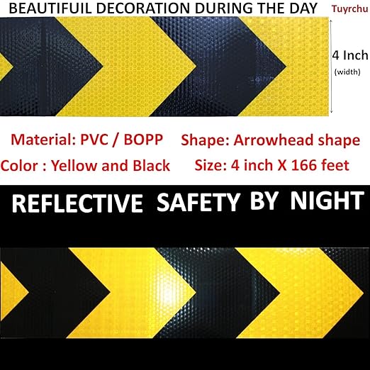 Yellow and Black Reflective Tape 4 inch X 166 feet, Outdoor Waterproof Hazard Conspicuity Warning Industrial Marking Tape