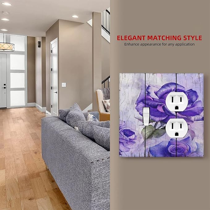 Decorative Light Switch Cover Plate Purple Flower Modern Floral 2 Gang Outlet Covers 1 Toggle 1 Duplex Wall Plate Decorate Electrical Switch Plate Covers for Bedroom Kitchen Decor