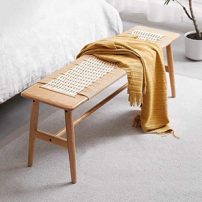 Wood Dining Bench,100% Natural Solid Oak with Rattan Design, Rounded Edge, Entryway Bench for Dining,Bedroom, Living Room (Beige Color, 31.49 inch)
