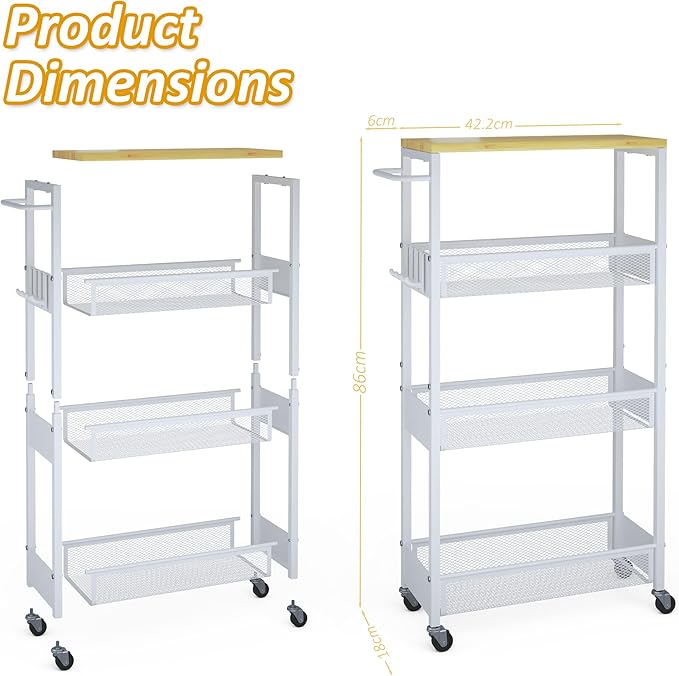 Slim Rolling Storage Cart, 4 Tier Metal Narrow Utility Cart with Handle and Wood Top, Multifunctional Small Mobile Shelf Unit Organizer Trolley for Laundry, Bathroom, Kitchen