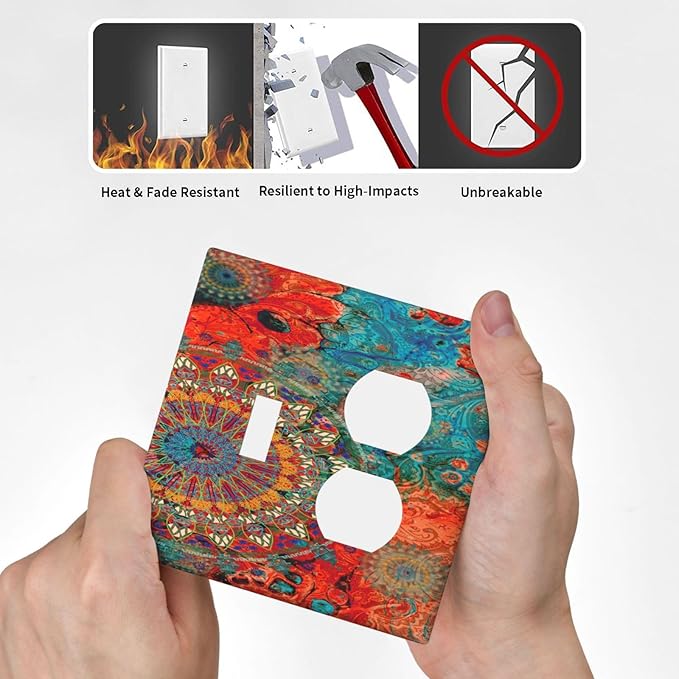 Decorative Light Switch Cover Plate Abstract Ombre Colorful Indian Mandala 2 Gang Outlet Covers 1 Toggle 1 Duplex Wall Plate Decorate Electrical Switch Plate Covers for Bedroom Bathroom Decor