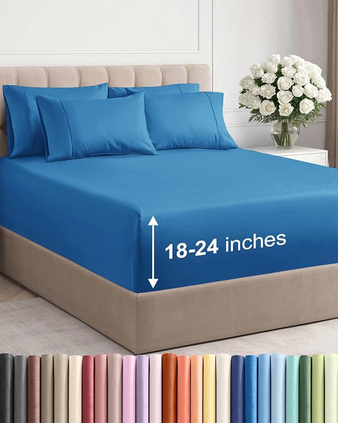 Extra Deep Cal King Sheet Set - 6 Piece Breathable and Cooling Sheets - Hotel Luxury Bed Sheets Set - Easy Fit - Soft, Wrinkle Free and Comfy Sheets Set - Denim Blue Sheet Set with Extra Deep Pockets