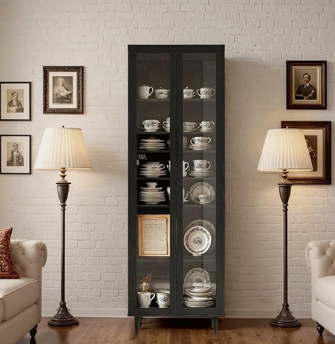 TUSY 70.9“ H Bookshelf with Glass Doors, 5-Tier Display Curio Cabinet with Drawers, Narrow Display Bookcase for Home, Office, Clinic, Pantry (Black, C)