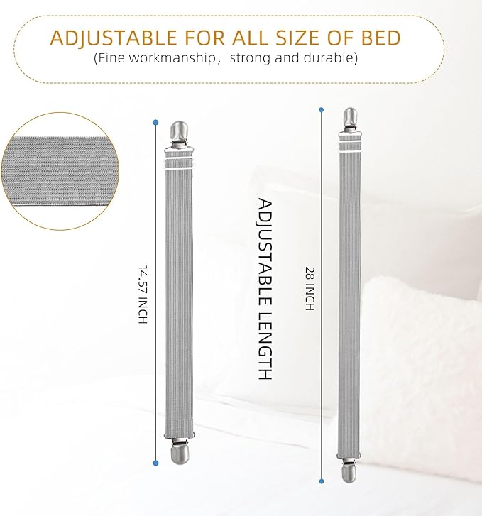 4Pcs Adjustable Bed Sheet Straps Clips, Elastic Mattress Sheet Fasteners Holder and Suspenders, Grippers to Hold Sheet, Mattress, Sofa, Couch, Table Cloth, Recliner Ironing Board Cover and More