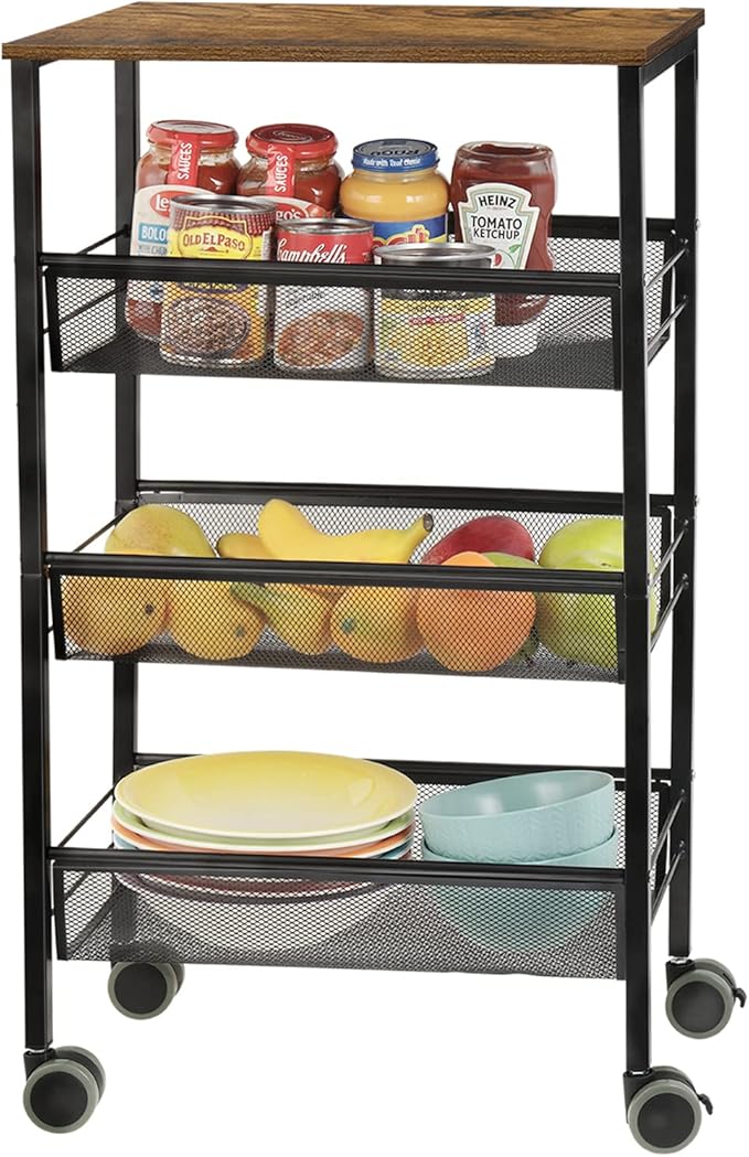 SEHERTIWY Kitchen Storage Rolling Cart, 4-Tier Kitchen Island Cart on Wheels with Wooden Shelves, Lockable Utility Cart with Mesh Baskets for Narrow Space on Dining Room Bathroom，Black