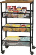 SEHERTIWY Kitchen Storage Rolling Cart, 4-Tier Kitchen Island Cart on Wheels with Wooden Shelves, Lockable Utility Cart with Mesh Baskets for Narrow Space on Dining Room Bathroom，Black