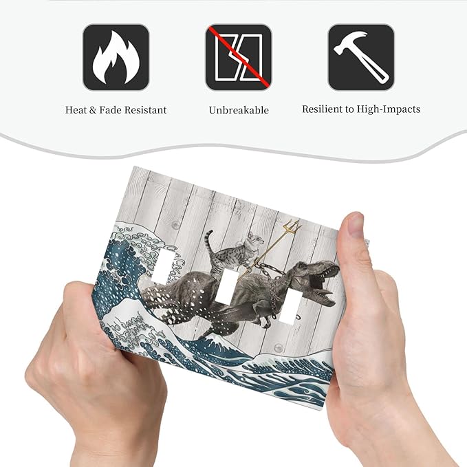 Triple Toggle Light Switch Cover Decorative Funny Cat Cool Cat Dinosaur Japanese Sea Waves Wood 3 Gang Wall Plate Covers 3 Hole Device Electrical Switchplate Faceplate for Farm Bathroom Decor