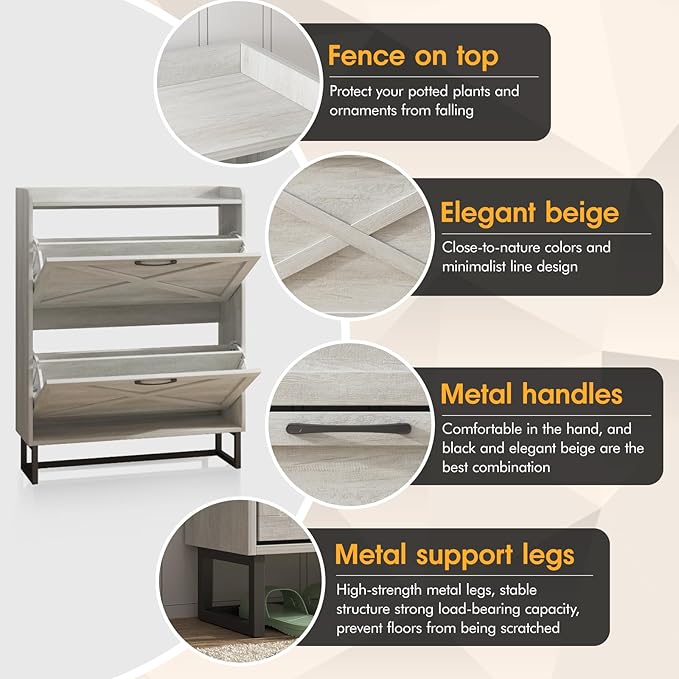 Maupvit Shoe Storage Cabinet with 2 Flip Drawers, Freestanding Organizer with Metal Legs for Entryway, Narrow Shoe Rack Cabinet, Beige