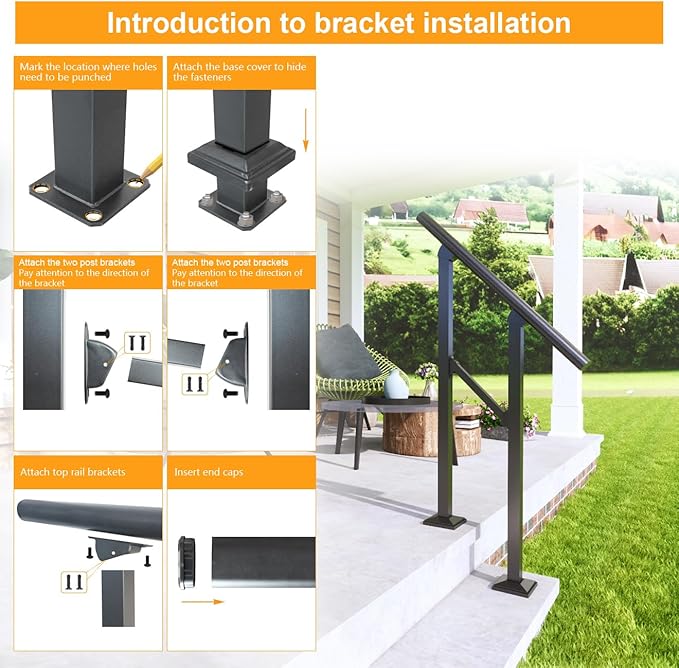 DIYHD 7 Step Handrail for Outdoor,Powder Coated Iron Stair Railing,Black Hand Rails for Indoor, Porch,Deck,1 Pack