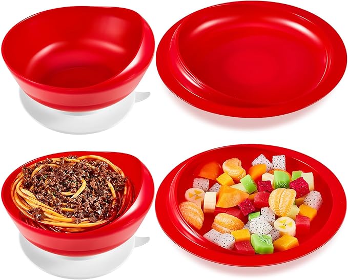 Hushee Adaptive Spill Proof Scoop Bowl and Plate Set with Suction Base Non Skid Self Feed Dinnerware for Elderly Disabled Handicapped from Parkinsons, Dementia, Stroke, Tremor(2 Sets,Red)