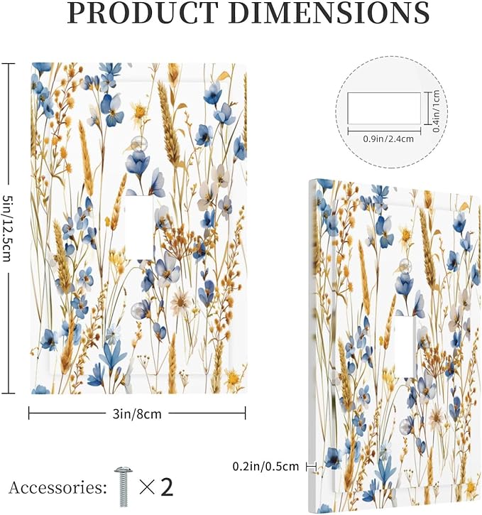 Vintage Wildflower Blue Gold Country Fall Wheat Floral Decorative Light Switch Cover 1 Gang Single Toggle Device Electrical Faceplate Switchplates Decorator Outlet Wall Plate for Bedroom Living Room
