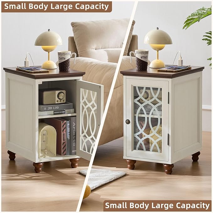 Narrow Side Table with Charging Station Set of 2, Night Stand with Glass Door,Bedside End Tables with Adjustable Shelf Storage Cabinet,Wood Nightstand for Small Spaces Living Room Bedroom