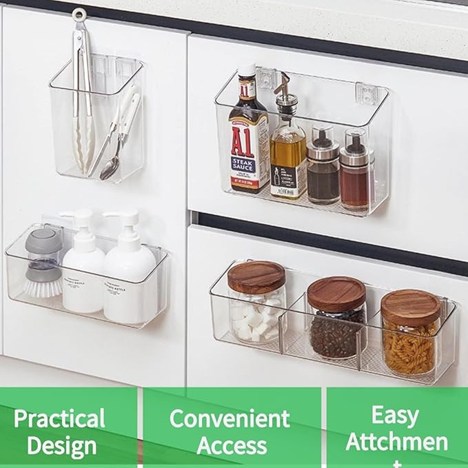 vacane 2 Pack Plastic Adhesive Mount Over Cabinet Door Organizer, Storage Organizer Container Makeup Organizer Hanging Basket Bins For Craft Room, Office, Space Saving Holder for Kitchen Bags-S Clear