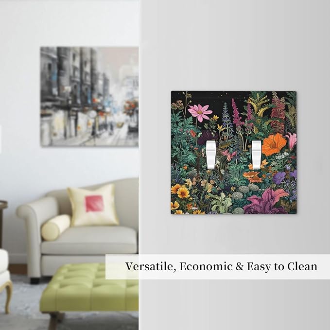 Decorative Light Switch Cover Plate Colorful Floral Dark Sky Wildflower Plants 2 Gang Switch Plate Covers Double Toggle Wall Plate Dual Device Faceplate for Bathroom Decor