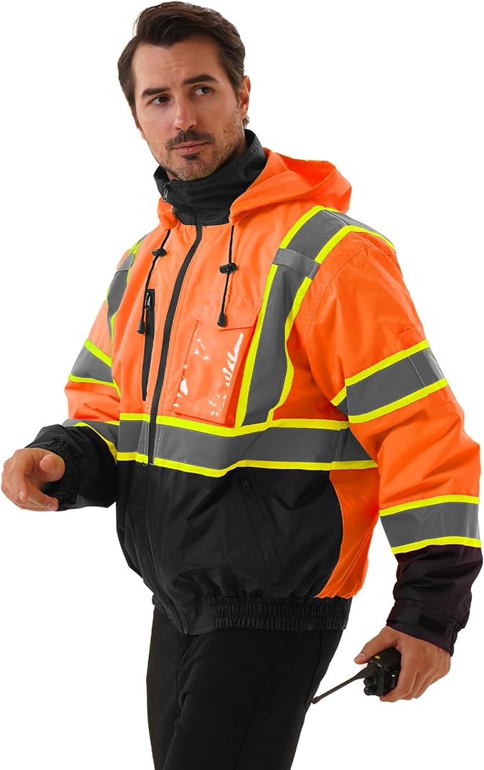 Hi Vis Safety jacket for men,Reflective high Visibility Hooded jacket,Work Bomber Jacket with Pockets and Zipper,Waterproof,ANSI Class 3 Black Bottom Tangerine,Small