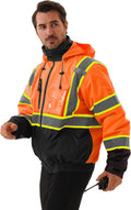 Hi Vis Safety jacket for men,Reflective high Visibility Hooded jacket,Work Bomber Jacket with Pockets and Zipper,Waterproof,ANSI Class 3 Black Bottom Tangerine,4XL