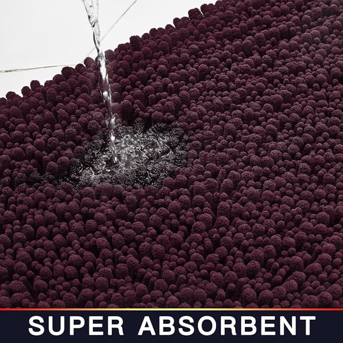 Walensee Bathroom Rug Non Slip Bath Mat (36x24 Inch Plum Purple) Water Absorbent Super Soft Shaggy Chenille Machine Washable Dry Extra Thick Large Plush Carpet for Shower Floor