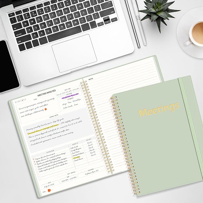 SUNEE Half Meeting Half Note 8.5"x11" Notebook for Work – 140 Pages, A4 Size Project Planner for Women&Men, Minutes Organizer for Meeting Notes, Ideas for Office/Business, PVC Waterproof Cover, Green