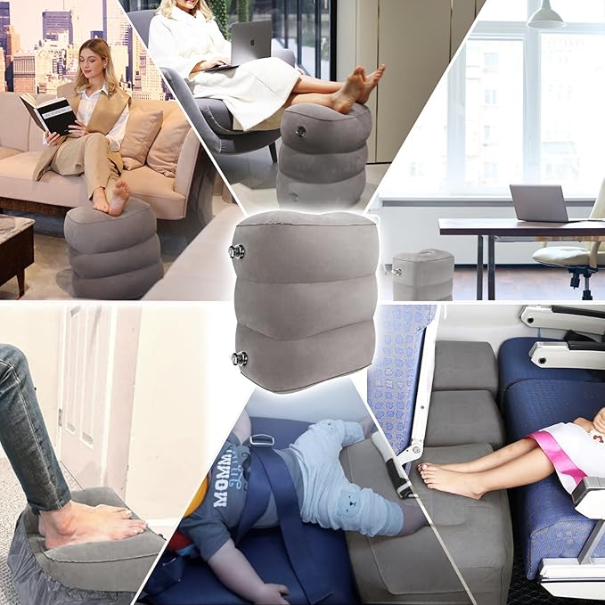 HOMCA Inflatable Travel Foot Rest Pillow (2-Pack) Adjustable Height Leg Pillow Fast Inflating Airplane Bed for Toddlers Footrest Pillow for Office, Airplane, Train, Cars, Home (Grey)
