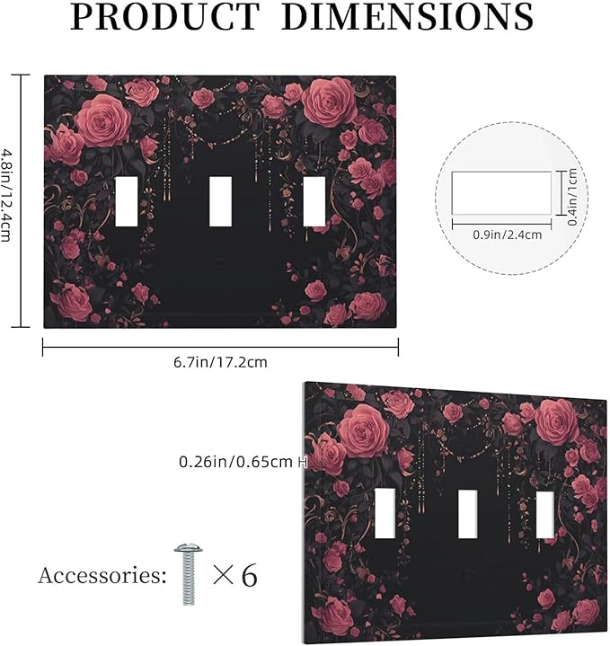 Decorative Switch Plates Dark Background Red Rose Leaf 3 Gang Wall Plate Triple Toggle Light Switch Cover Faceplate Electrical Wall Panels for Bedroom living Room Decor