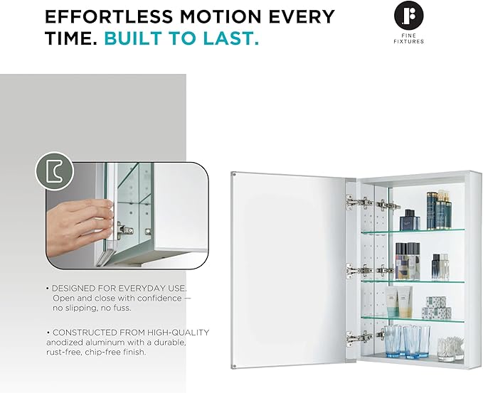 Fine Fixtures Bathroom Medicine Cabinet, Aluminum, Recessed/Surface Mount, 20" x 30", Right/Left Hinged, Mirrored Interior