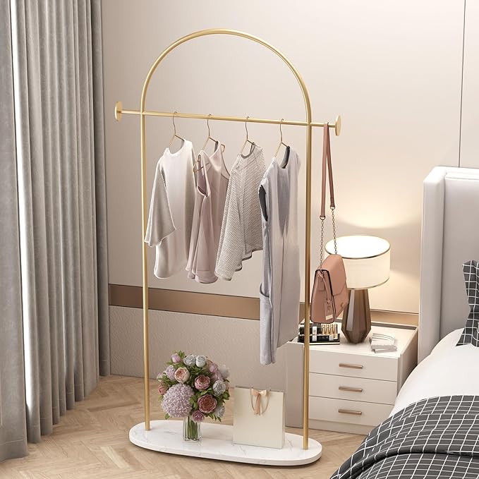 Modern Gold Coat Racks with Marble Base, Gold Clothing Racks with Shelves, Heavy Duty Clothes Rack Stand for Entryway, Bedroom, Living Room, Boutiques