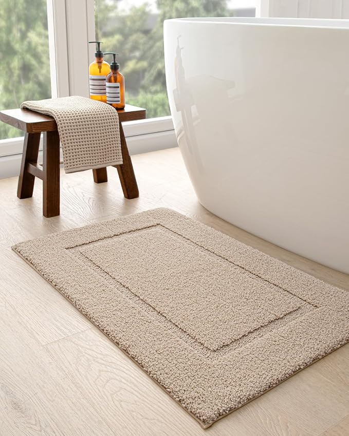 DEXI Bathroom Rugs 43x24, Washable Non Slip Bath Mat for Shower Floor, Absorbent Quick Dry Bathmat with Rubber Backing, Ultra Soft Plush Carpet for Tub, Beige