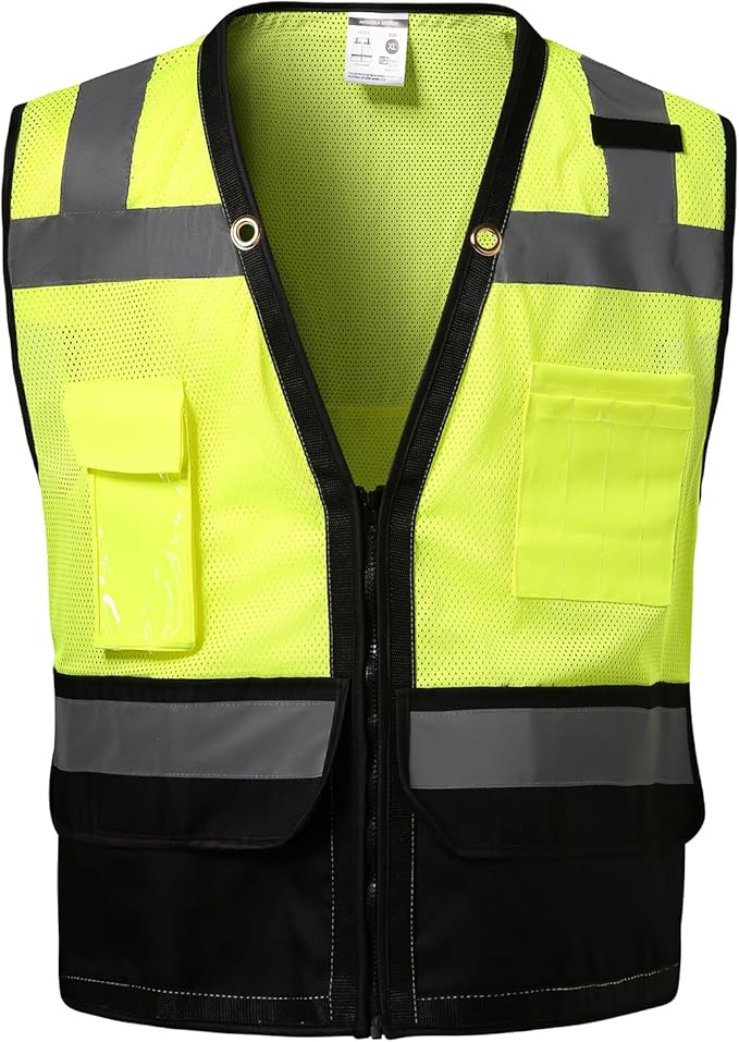 Reflective Safety vest With back plan pocket,High visibility Class 2 Heavy Duty Surveyor Vest with Zipper,Hi Vis Construction Work Vest for Men＆Women ANSI/ISEA(Yellow-Bottom,XL)