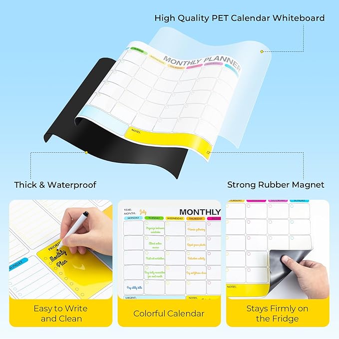 M&G Magnetic Dry Erase Calendar Set for Fridge, 4 Pack Planning Whiteboard with 10 Markers and Eraser, Monthly & Weekly & Daily Chore Chart for Refrigerator Wall Door