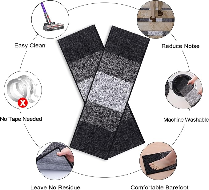 OLANLY Stair Treads Non Slip 15PCS, 8" x 30" Indoor Stair Runners for Wooden Steps, Edging Stair Rugs with Reusable Peel and Stick Adhesive for Kids Elders and Pets, Black