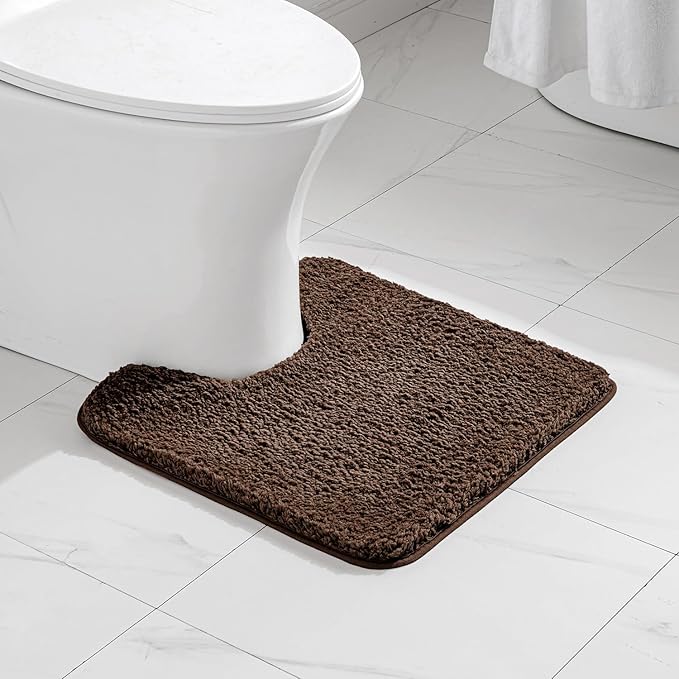 MIULEE Microfiber Toilet Bath Mat U-Shaped Contour Shaggy Rugs Non Slip Extra Thick Soft Absorbent Water for Bathroom Commode Machine Washable(20x20 Inch, Brown)