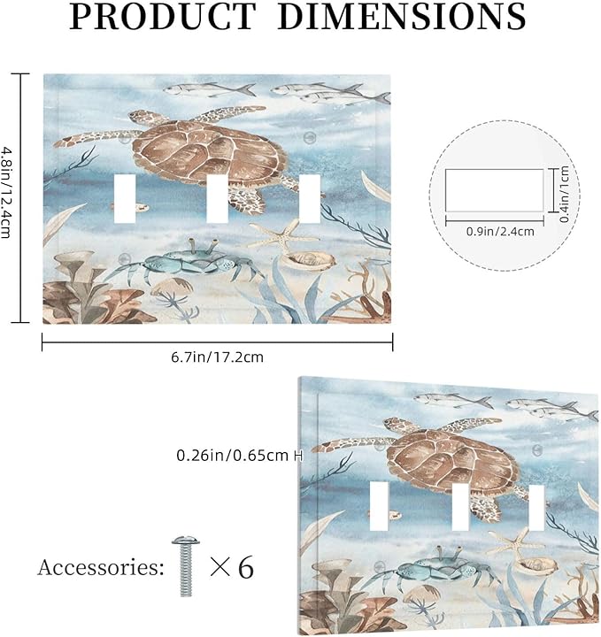 Decorative Switch Plates Sea Turtle Coral Reef Nauticaltheme 3 Gang Wall Plate Triple Toggle Light Switch Cover Faceplate Electrical Wall Panels for Kids room Bathroom Decor