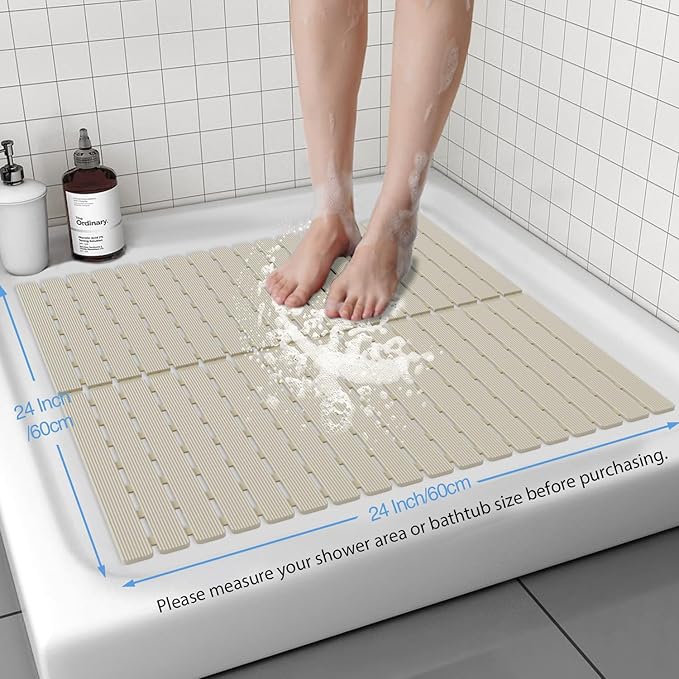 Shower Mat Non-Slip Bath Mat for Tub and Shower Stall,200+ Suction Cups with Drain Holes, Quick Dry Machine Washable, Extra Grip for Stand Up Showers, Bathroom Essentials 24x24 Inch (Light Brown)