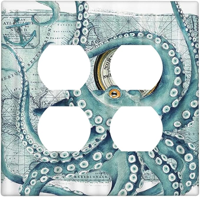 Octopus Nautical Kraken Compass Anchor Outlet Covers 2-Gang Duplex Light Switch Cover Plate Decorative Gfci Wall Plate Electrical Receptacle Switch Plate Covers Plug Faceplate Bathroom Decor