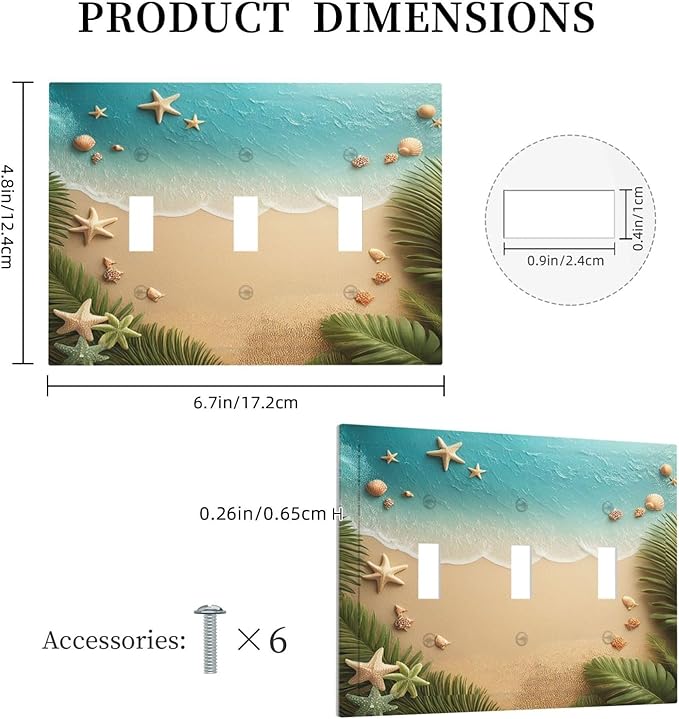 Decorative Switch Plates Summer Beach Themed Starfish Seashells 3 Gang Wall Plate Triple Toggle Light Switch Cover Faceplate Electrical Wall Panels for Bedroom Bathroom Decor