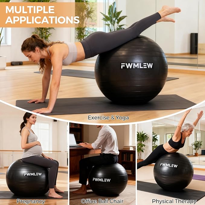 Extra Thick Exercise Yoga Ball, 5-Size Anti-Burst Heavy Duty Stability Gym Ball for Fitness, Core Workout, Pregnancy & Office Chair, Includes Quick Pump