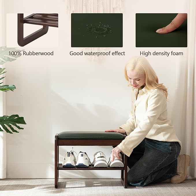 Small Shoe Rack Bench,2 Tier Wooden Entryway Bench with Shoe Storage, Shoe Rack with Cushion for Living Room, Hallway(Green, 21.6")
