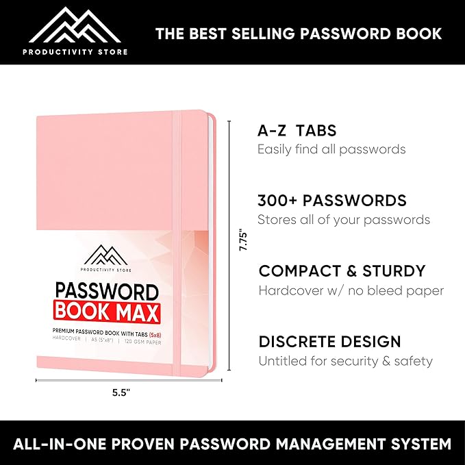 PRODUCTIVITY STORE Best Password Book With Alphabetical Tabs | Password Book, Organizer & Notebook | Password Keeper To Keep Website Logins & Passwords Safe | Black | Medium 5x8