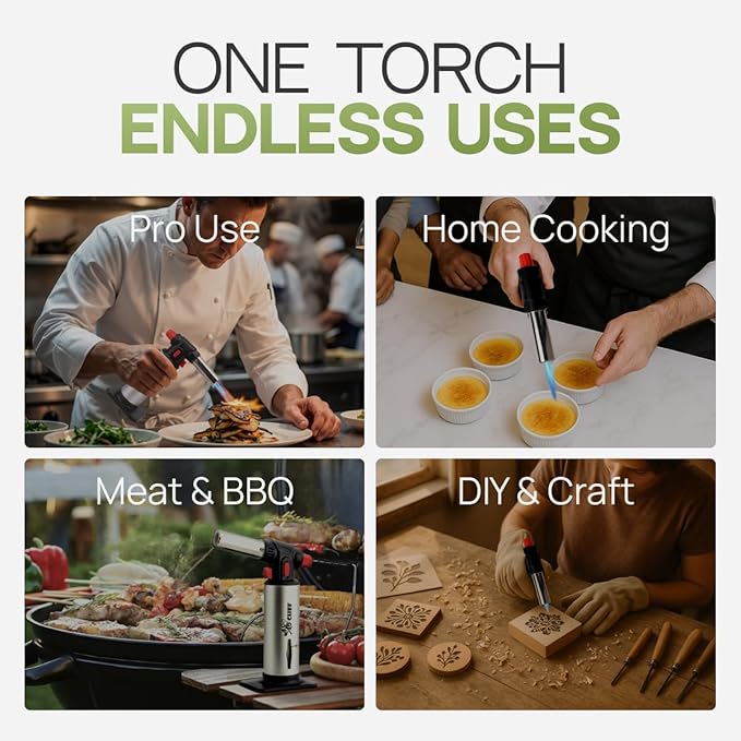 Jo Chef Kitchen Torch With Butane included, Refillable Butane Torch, Creme Brulee Torch, Blow Torch Lighter gun With Safety Lock & Adjustable Flame, 3 Cans (3.38oz) Included