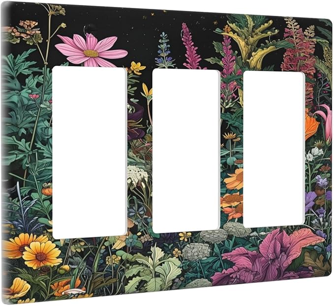 Decorative Outlet Covers Colorful Floral Dark Sky Wildflower Plants 3 Gang Gfci Wall Plate Triple Rocker Light Switch Cover Plate Switch Plate Covers for Bathroom Decor