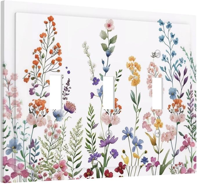 Rustic Wild Floral Vintage Colorful Flowers Triple Toggle Light Switch Covers Decorative 3 Gang Wall Plate Covers 3 Hole Electrical Device Switchplate Dimmer Faceplate for Bathroom Decor